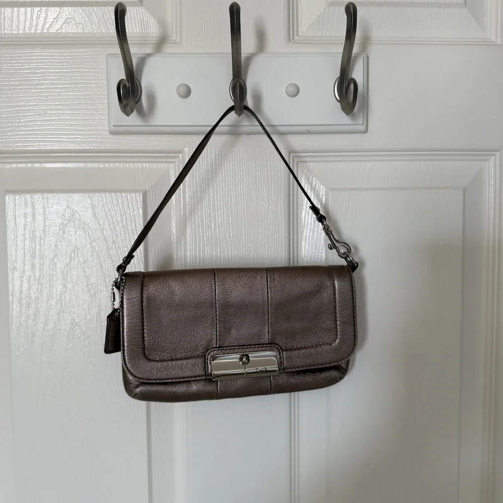 COACH KRISTIN Soft Pebbled Leather Silver Metallic Wristlet Top Handle Mini Bag